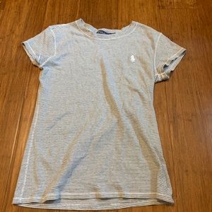 grey striped polo shirt